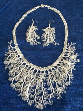 Chandelier Beaded Necklace & Earrings WHITE & CRYSTAL